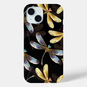 Coque Pour iPhone 15 Motif sans couture avec libellules d'or