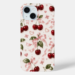 Coque Pour iPhone 15 Motif sans couture Coquette Cerise & Ruban Satin R