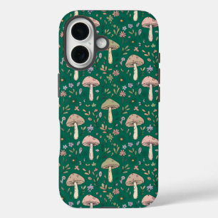 Coque Pour iPhone 16 Motif sans couture de champignons émeraude profond
