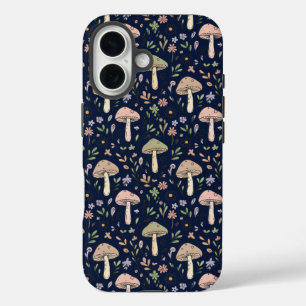Coque Pour iPhone 16 Motif sans couture de champignons Navy Profond Aca