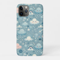 Motif Sky Whimsical avec nuages, étoiles - Bleu