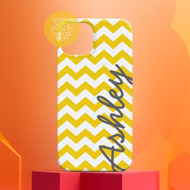 Coques Case-Mate iPhone Motif tendance Chevron avec nom - gris jaune (Personalized Phone Case with Yellow Chevrons and Large Script Name on the Side)