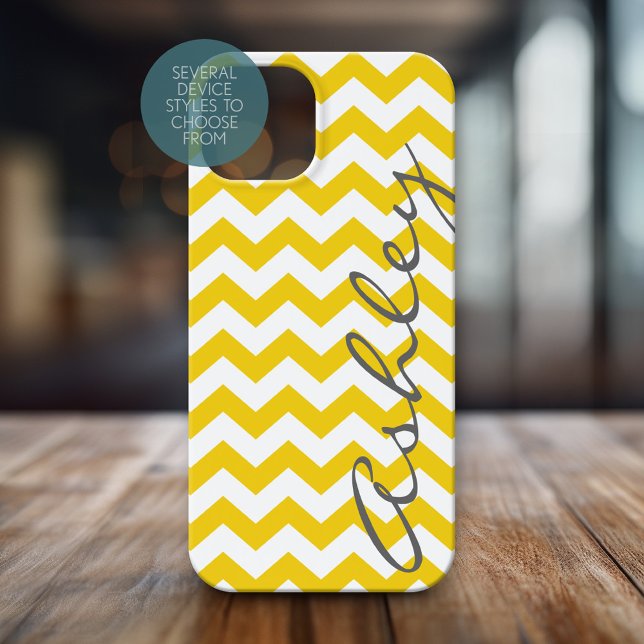Coques Case-Mate iPhone Motif tendance Chevron avec nom - gris jaune (Personalized Phone Case with Chevrons and Custom Name)