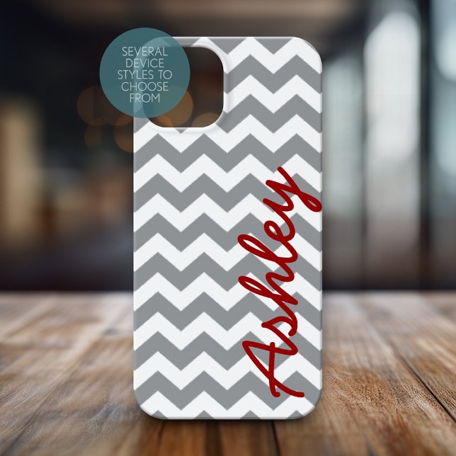 Coques Case-Mate iPhone Motif tendance Chevron avec nom - gris rouge (Personalized Phone Case with Chevrons and Custom Name)