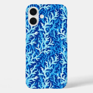 Coques iPhone 16 Plus Motif textile du littoral d'algues bleues