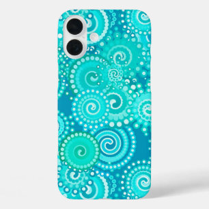 iPhone 16 Plus Case Motif tourbillon fractal, nuances bleu océan