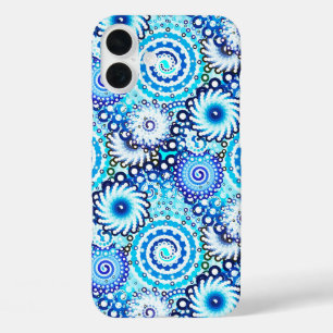 Coques iPhone 16 Plus Motif tourbillon fractal, nuances bleues