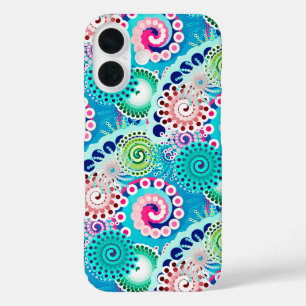 Coques iPhone 16 Motif tourbillon fractal, turquoise, rose, multi