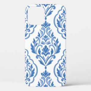 Case-Mate iPhone Case Motif vintage sans couture bleu et blanc damassé. 