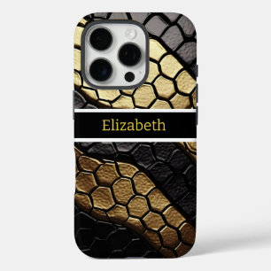 Coques iPhone 16 Pro Motifs frappants d'une peau de serpent noir et or