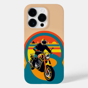 Coque Pour iPhone 14 Pro Motocycliste au style rétro dans un coucher de sol