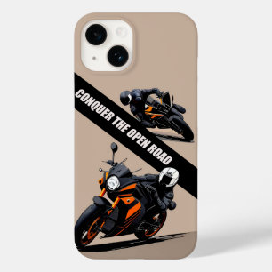 Coque Pour iPhone 14 Motocycliste sur un vélo noir et orange élégant
