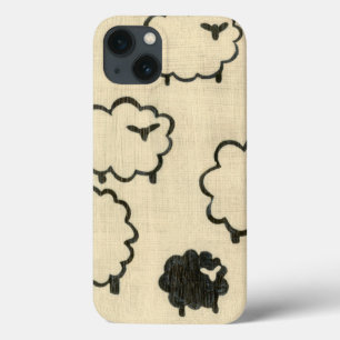 Etui iPhone 13 Moutons blancs et noirs sur l'arrière - plan crème