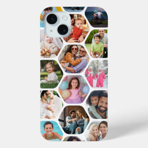 Coque iPhone 15 Mini Multi Photo Collage Simple Moderne Hexagon Motif