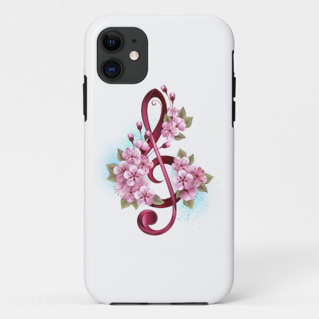 Coques Case-Mate iPhone Musical treble clef notes with sakura flowers (Dos)