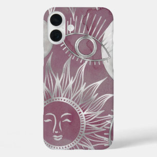 Coques iPhone 16 Plus Mystique solaire   Rose Argent Lune Étoiles Soleil