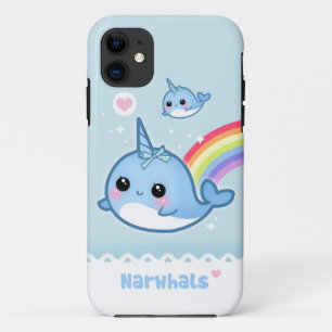Coque iPhone 11 Narwhals de Kawaii avec l'arc-en-ciel