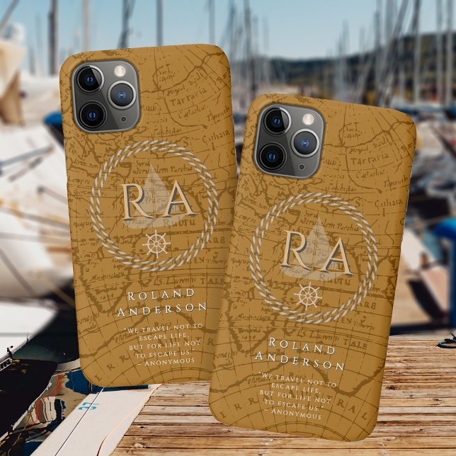Coques Case-Mate iPhone Nautical Rope Monogram Map Brown (Nautical Map Monogram Traveller Brown iPhone Case.)