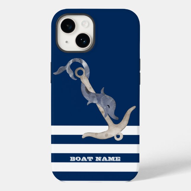 Coques Case-Mate iPhone Nautique, Ancre Dolphin Marine Bleu rayé (Verso)