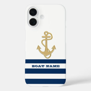 Coque Pour iPhone 16 Nautique, Ancre d'Or  Bleu Marine Rayures Blanches