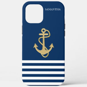 Case-Mate iPhone Case Nautique, Ancre d'or Marine Bleu Coque-Mate rayé