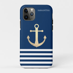 Case-Mate iPhone Case Nautique, Ancre Dorée  Rayé Bleu Marine