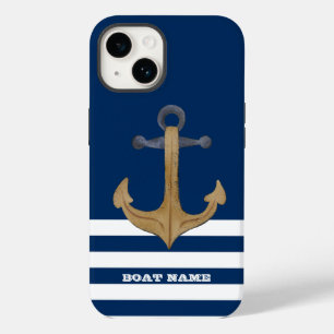 Coque Pour iPhone 14 Nautique, Ancre Vintage  Rayures Bleu Marine