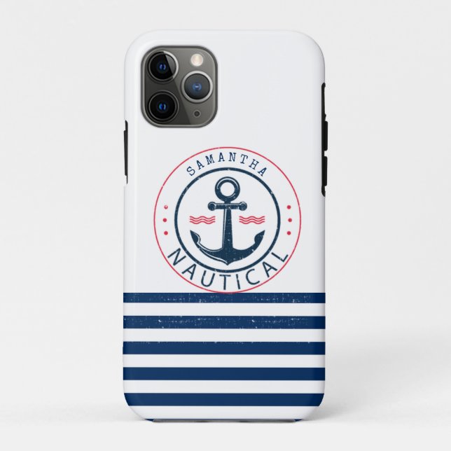 Coques Case-Mate iPhone Nautique, Nom du bateau, Ancre Bleu de la Marine (Dos)