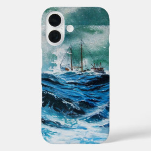 Coque Pour iPhone 16 Navire en mer dans la tempête / Bleu de marine