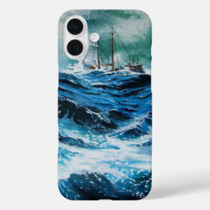 iPhone 16 Plus Case Navire en mer dans la tempête / Bleu de marine