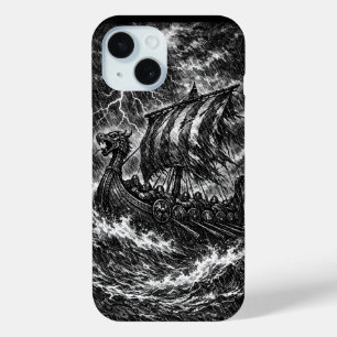 Coque Pour iPhone 15 Navire long Viking dans la tempête — Ink Saga Art