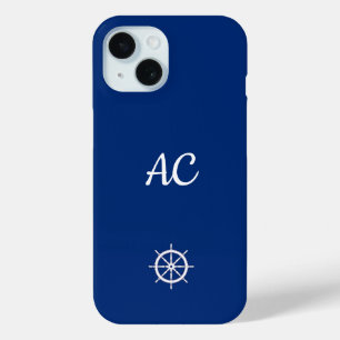 Coque Pour iPhone 15 Navires nautiques Roue Bleu+Blanc (Personnaliser)