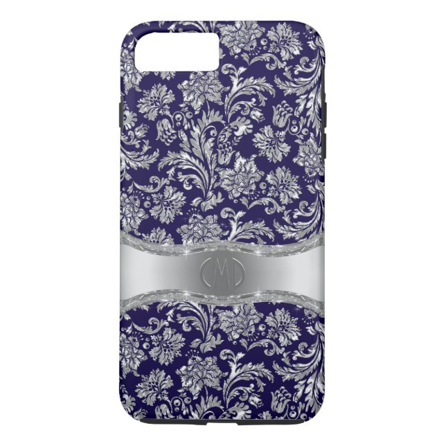 Coques Case-Mate iPhone Navy Blue & Shiny Silver Floral Damas (Dos)