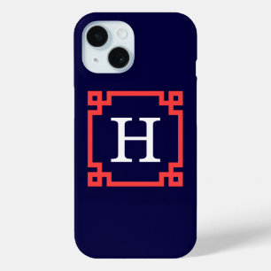 Coque Pour iPhone 15 Navy, cadre grec rouge corail Monogramme initial #