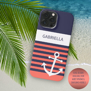 Coque Pour Pour iPhone 14 Pro Max Navy personnalisé bandes bleu foncé blanc orange