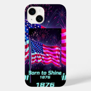 Coque Pour iPhone 14 Né à Shine - 1776 Neon Glitch Drapeau américain Ph