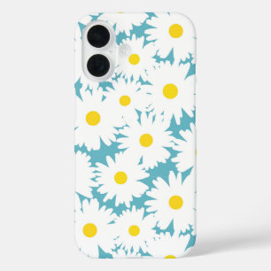 Coque Pour iPhone 16 Négative Space Daisies blanc jaune sur bleu
