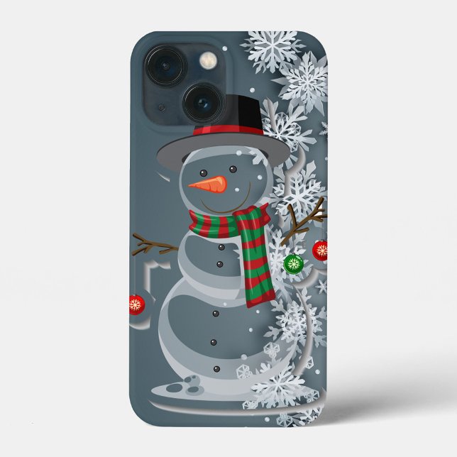 Coques Case-Mate iPhone Neige hivernale (A cheerful snowman with a black hat and a red and green scarf stands against a snowy backdrop.  )