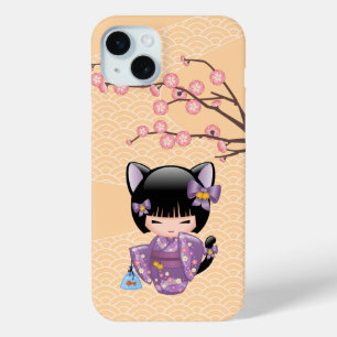 Coque iPhone 15 Mini Neko Kokeshi Poupée - Cat Ears Geisha Girl