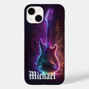 Coque Pour iPhone 14 Neon Electric Guitar Music Nom personnalisé