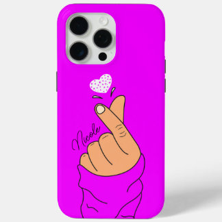 Coque iPhone 15 Pro Max Neon Purple Coréen Doigt Coeur Signal Peau chaude