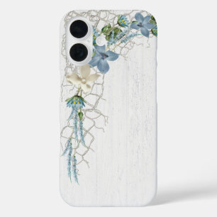 Coque Pour iPhone 16 Net nautique et fleurs sur bois blanchi