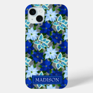Coque iPhone 15 Mini Noel d'argent bleu Poinsettia