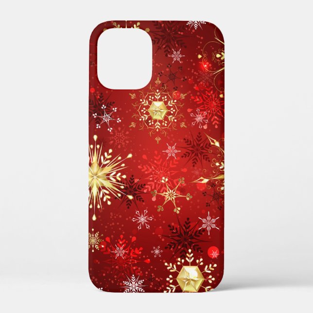 Coques Case-Mate iPhone Noël Golden Snowflakes sur Arrière - plan rouge (Verso)