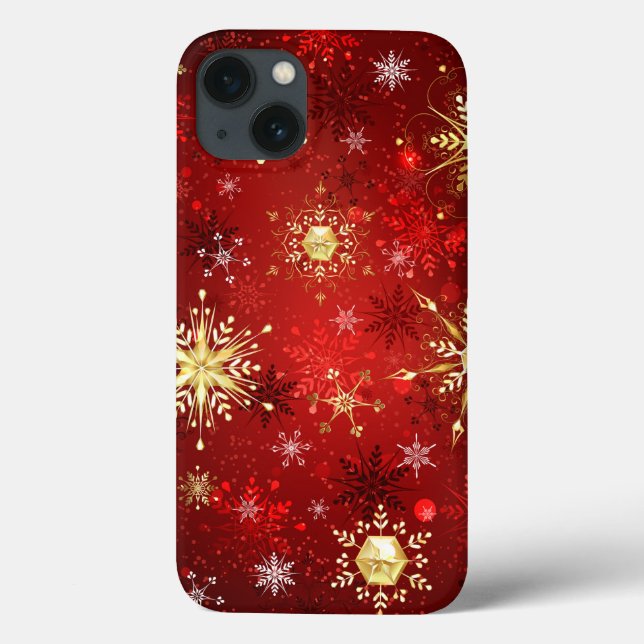 Coques Case-Mate iPhone Noël Golden Snowflakes sur Arrière - plan rouge (Verso)