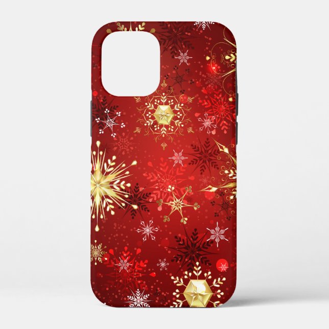 Coques Case-Mate iPhone Noël Golden Snowflakes sur Arrière - plan rouge (Verso)