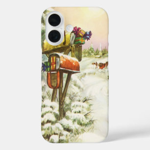 Coque Pour iPhone 16 Noël Vintage, boîtes aux lettres dans le paysage h