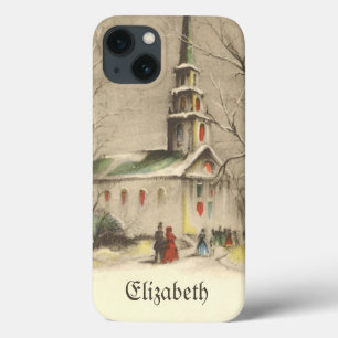 iPhone 13 Case Noël vintage, église dans un paysage enneigé hiver