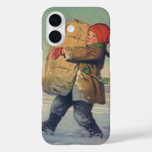 Coques iPhone 16 Noël vintage, enfant avec gros colis