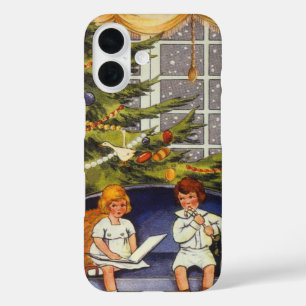 Coque Pour iPhone 16 Noël vintage, Enfants assis sur un canapé
